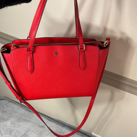 Tory Burch Emerson Small Top Zip Tote Handbag in Brilliant Red Saffiano Leather - Picture 14 of 14